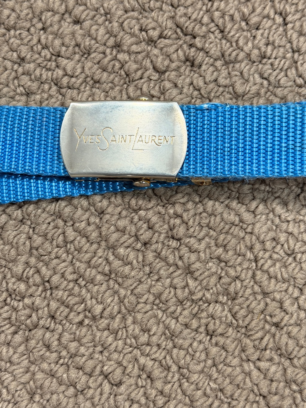 Yves Saint Laurent Bright Blue Webbing Belt With Silver Buckle